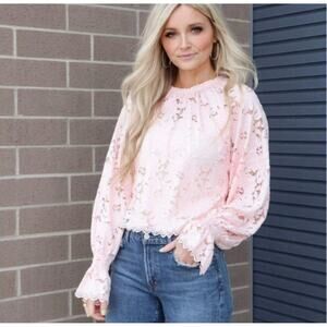 Free People Olivia Lace Blouse Ballon Sleeves Barbie Pink Boho Romantic Sheer  M